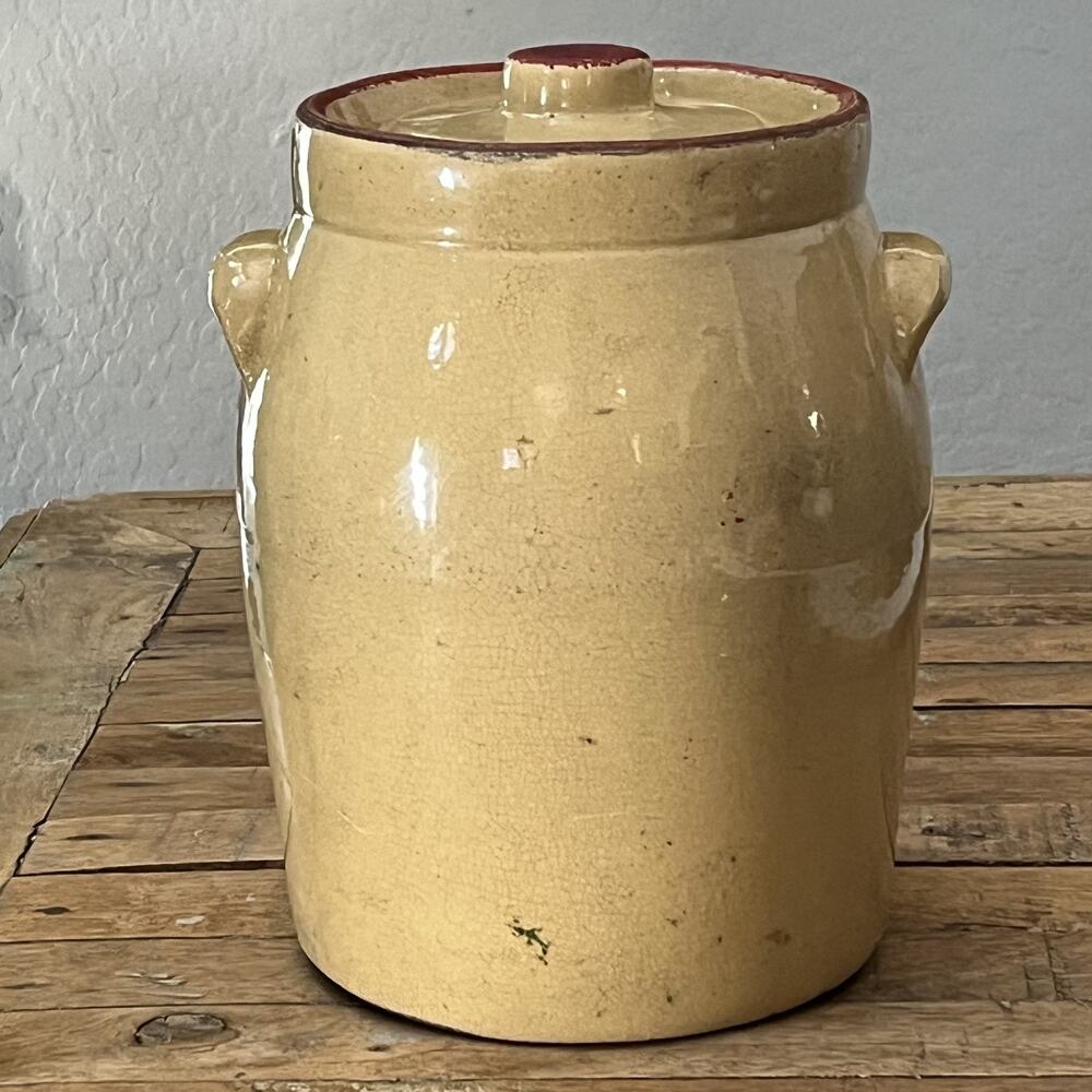 Antique Primitive Jar Stoneware Pottery Crock Glazed 9.5" Red Trim
